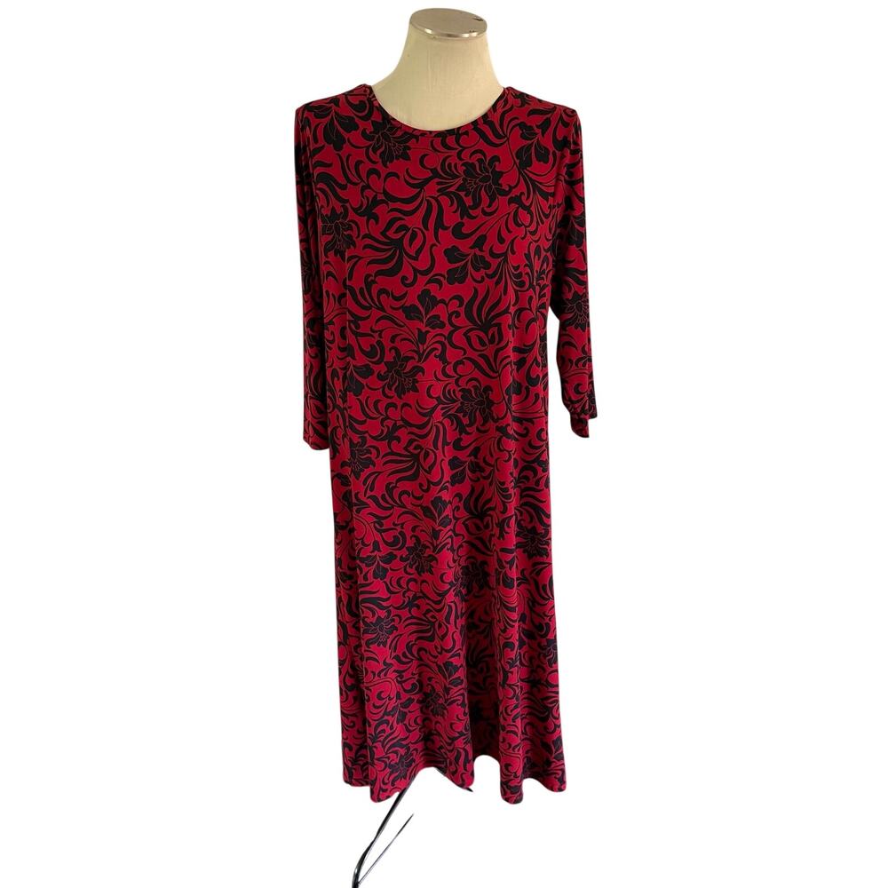Chicos Red Black Dark Floral Knit Maxi Dress Size XL P Stretch - Picture 1 of 7